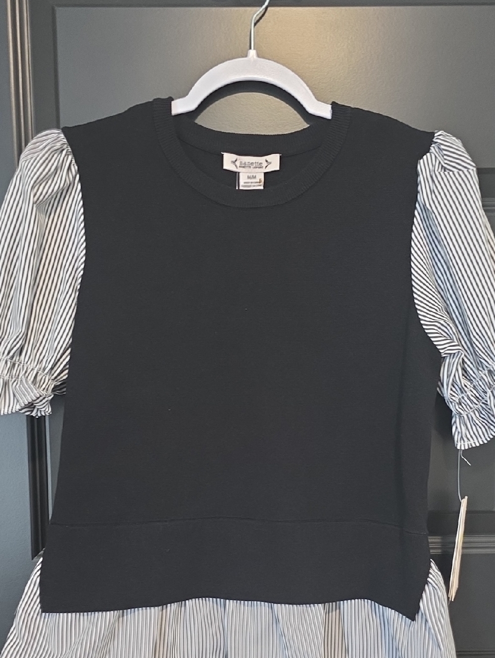 Nanette Lepore Pullover with White & Black Striped Puff Sleeves